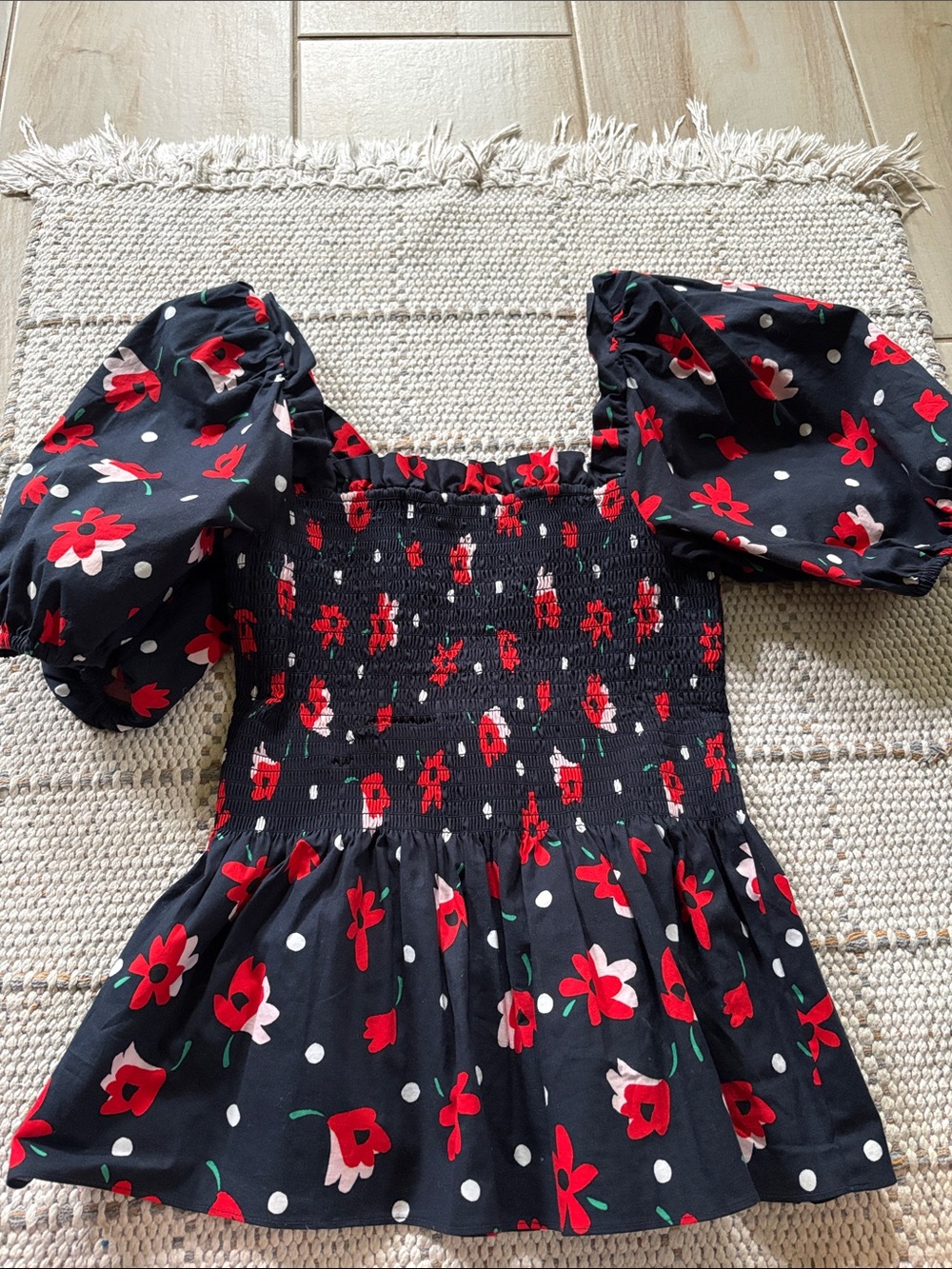 kate spade Black Red Floral Puff-Sleeve